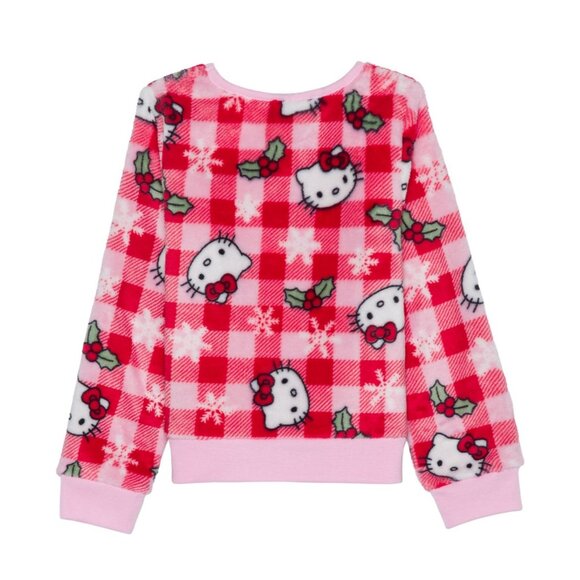Hello Kitty Little Girls Xmas Plaid Long Sleeve Plush Pullover Sweatshirt - Pink - Picture 2 of 4